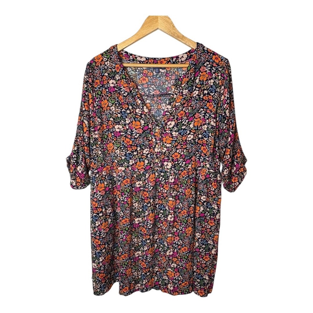 Democracy Floral Print Dress‎ 3/4 Sleeve V Neck Pullover Womens Plus Size 1X